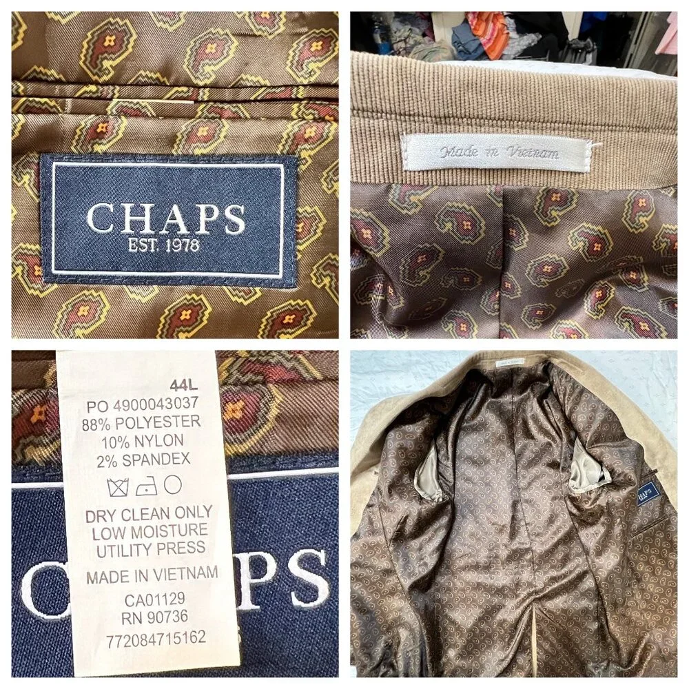 VTG Chaps Ralph Lauren Men's 44L Tan Corduroy Blazer Jacket Sport Coat Career - Picture 9 of 14